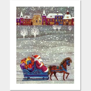 Vintage Santa Claus with Sleigh and Village Posters and Art